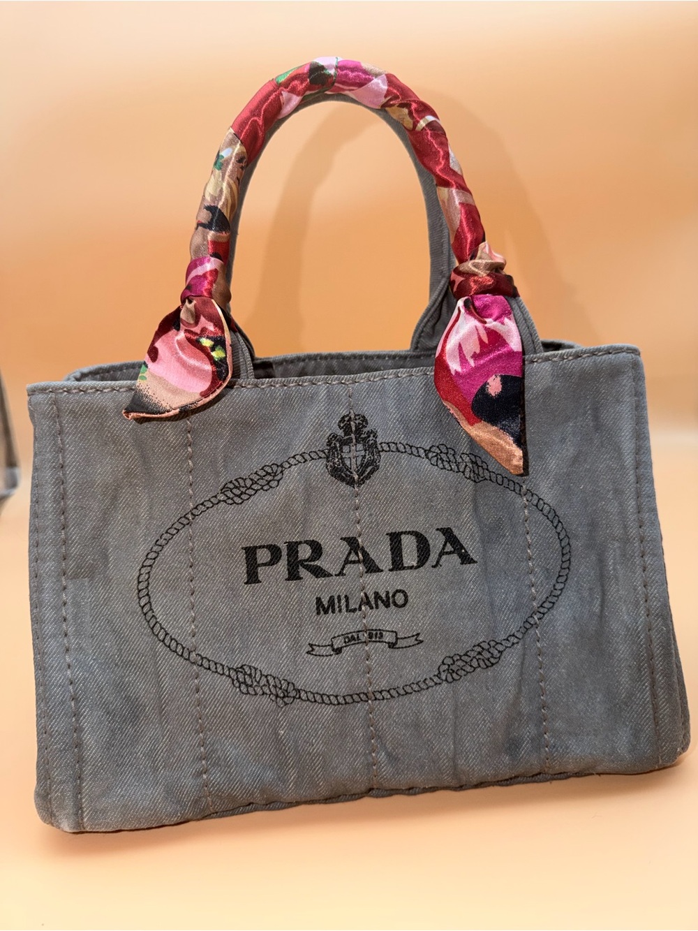 Authentic PRADA Canapa Denim Logo Mini Tote Bag Grey